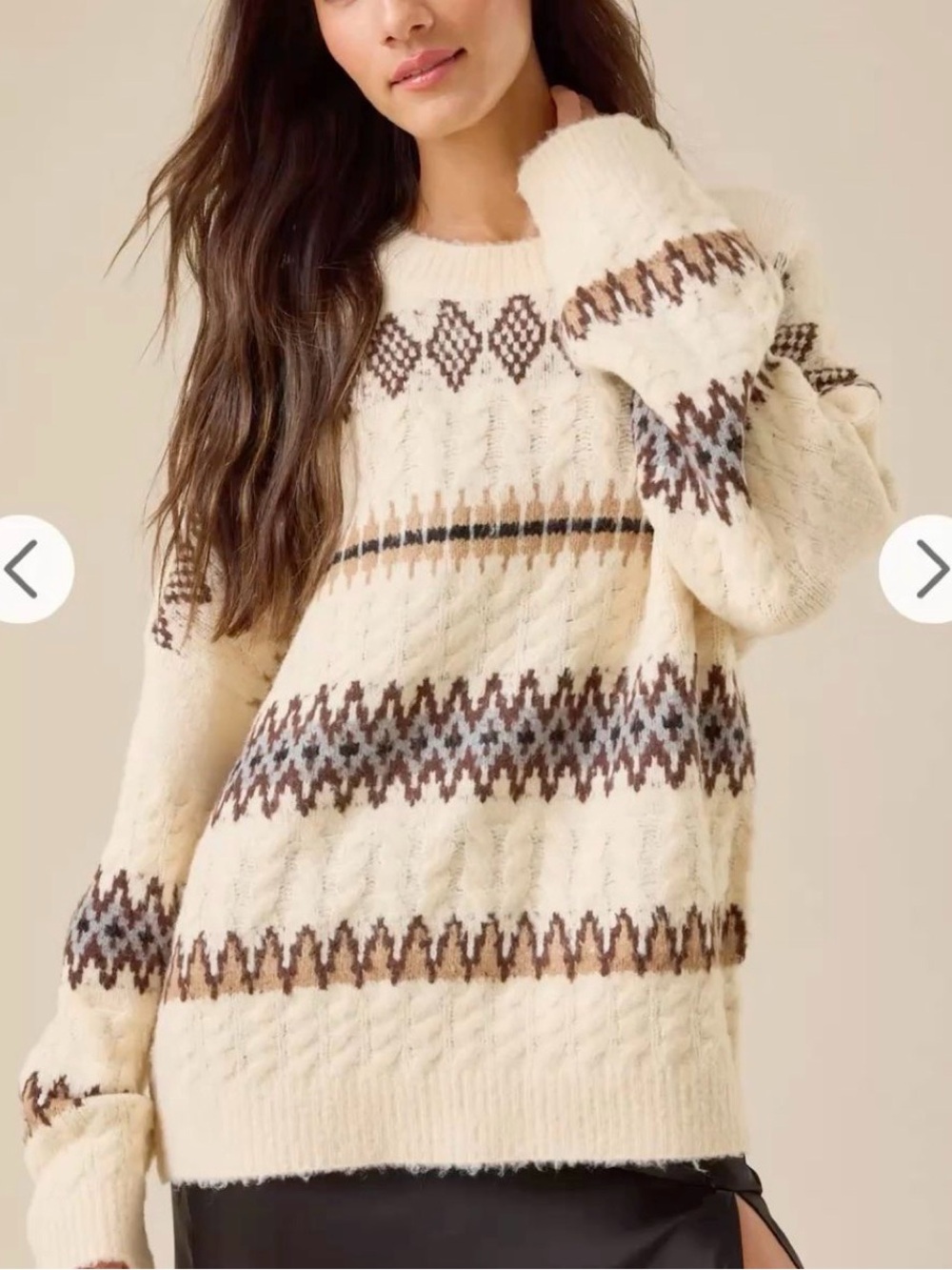 Altar'd State Cream Fair Isle Cable Knit Sweater with Brown and Black Accents